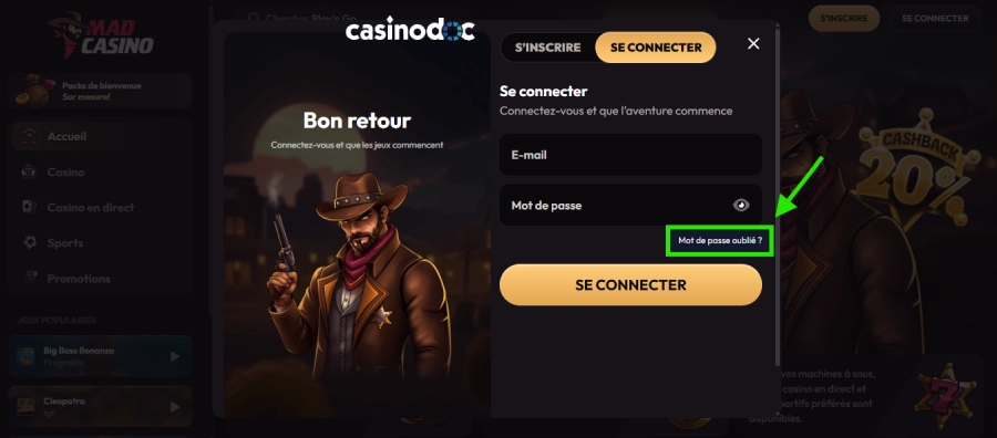 réinitialisation mot de passe casino en ligne