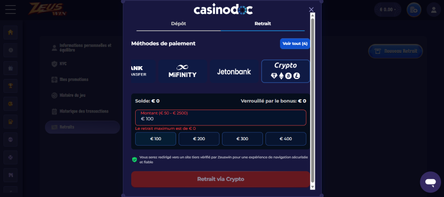 retrait sur un casino avec litecoin étape2
