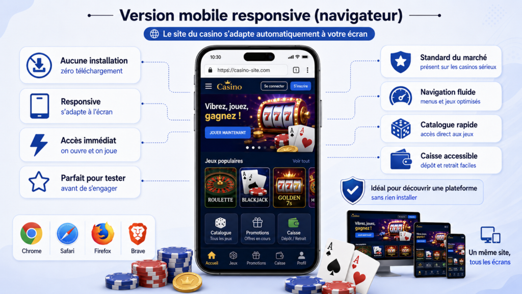 Illustration casino en ligne web app pour jour sur mobile, directement depuis un navigateur.