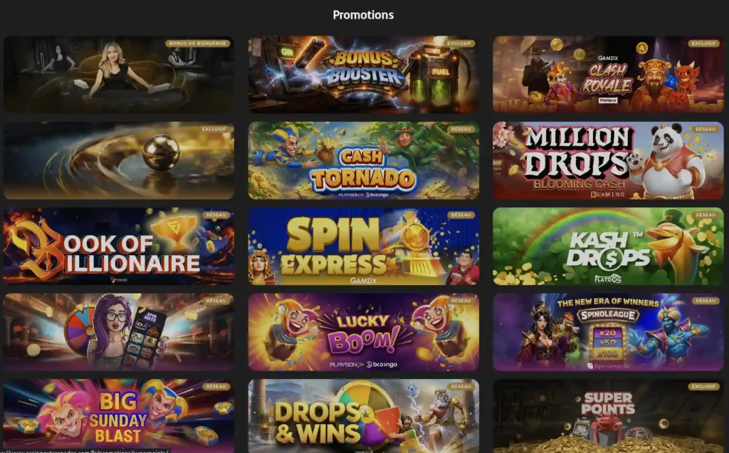 Le menu des promotions récurrentes sur Casino Extra en ligne.