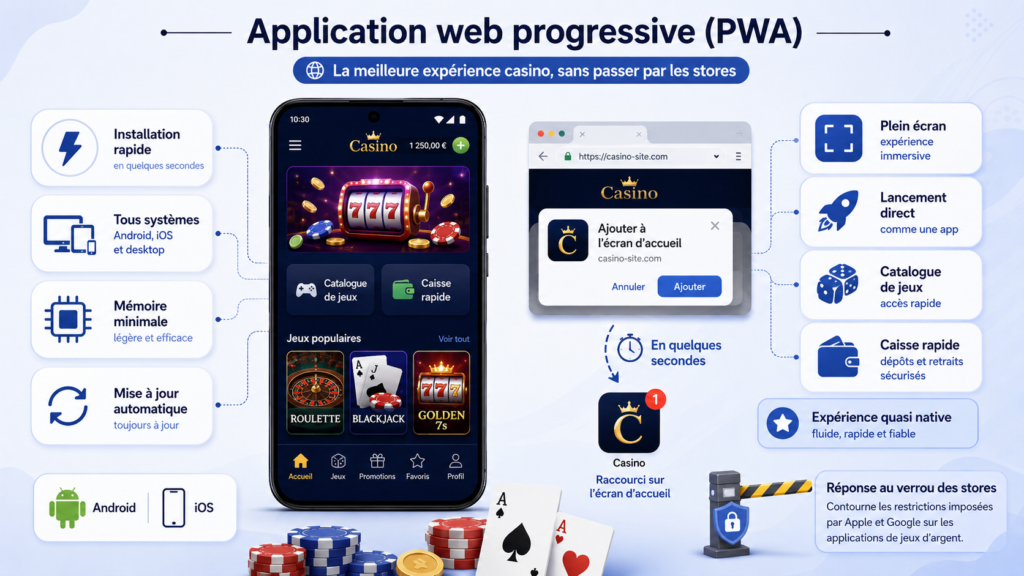 Illustration PWA sur mobile pour jouer au casino en ligne.