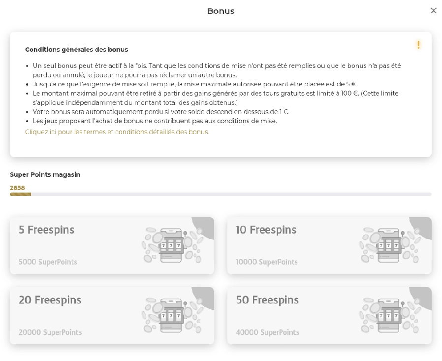 menu super points sur Casino Extra Casino en ligne. 
