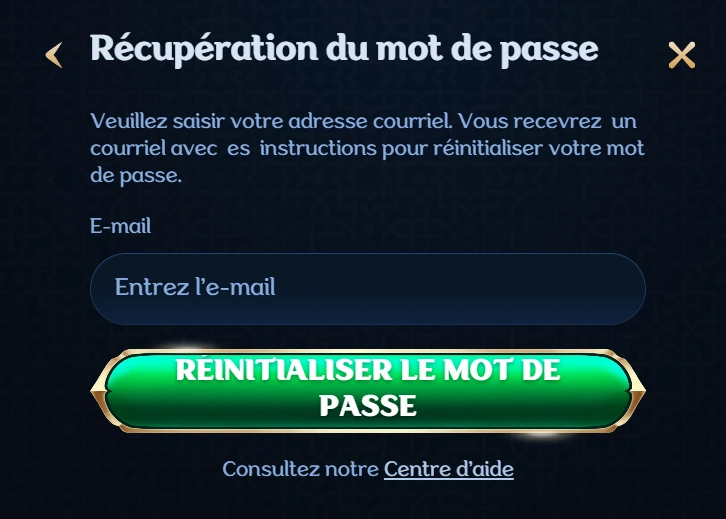 récupération du mot de passe sur millioner casino