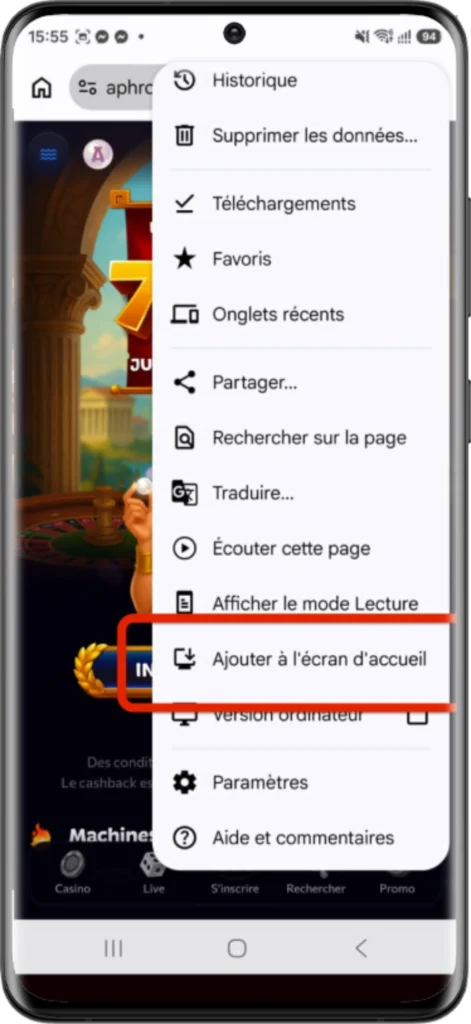 casino sur android via chrome étape 2