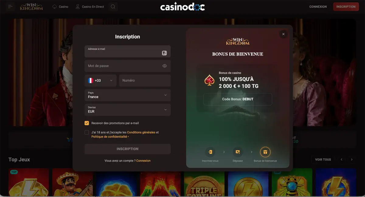 inscription étape 2 win kingdom casino