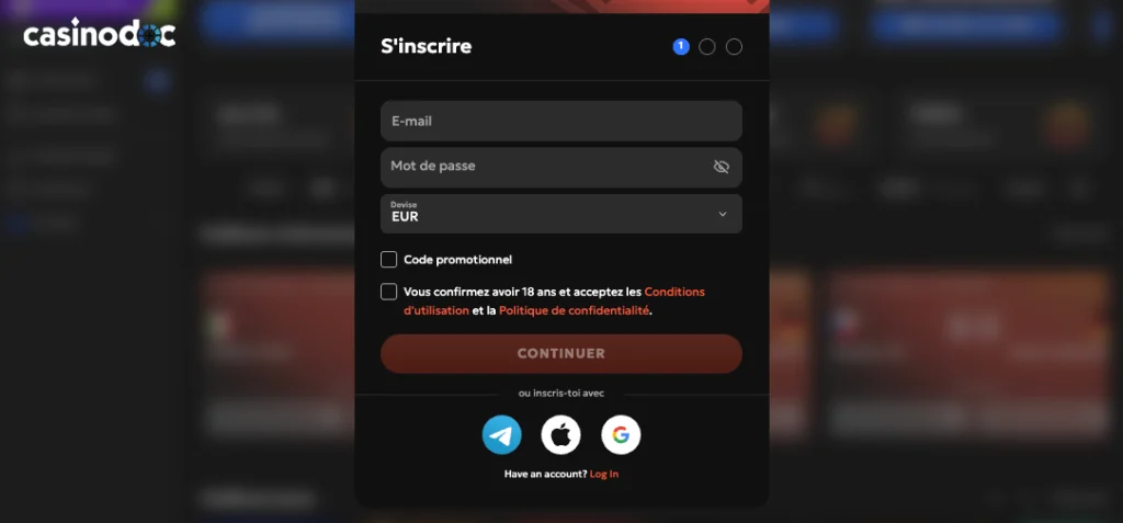 inscription étape 2 gxbet