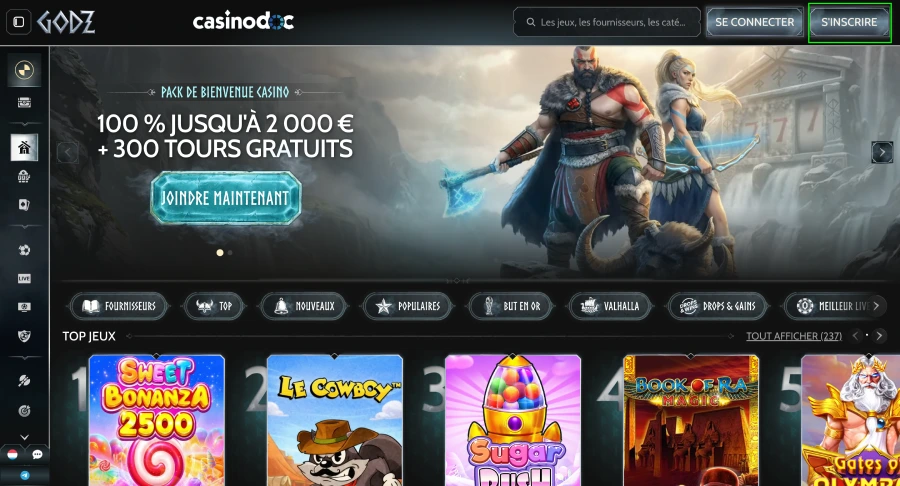 inscription sur godz casino étape1