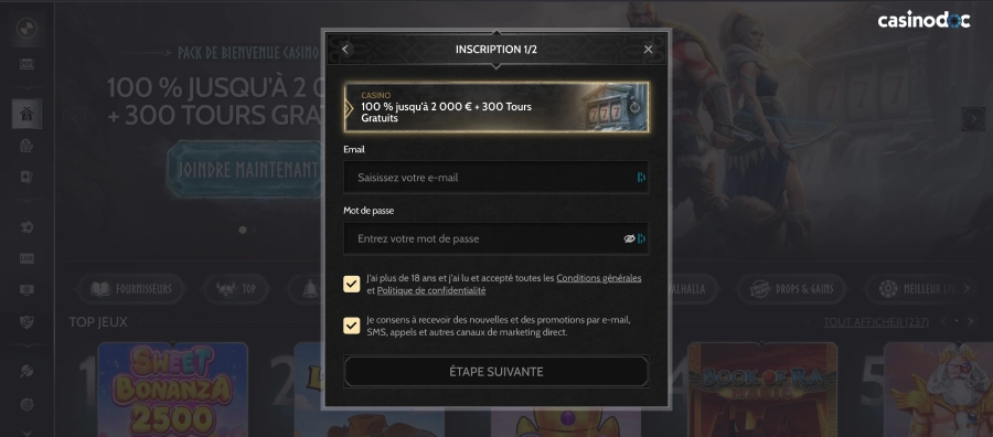 inscription sur godz casino étape3