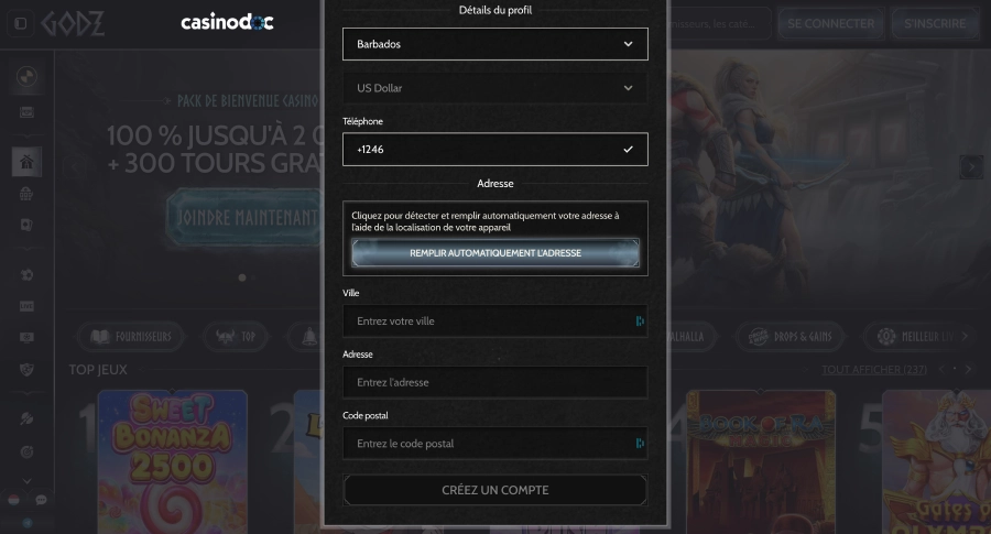 inscription sur godz casino étape4