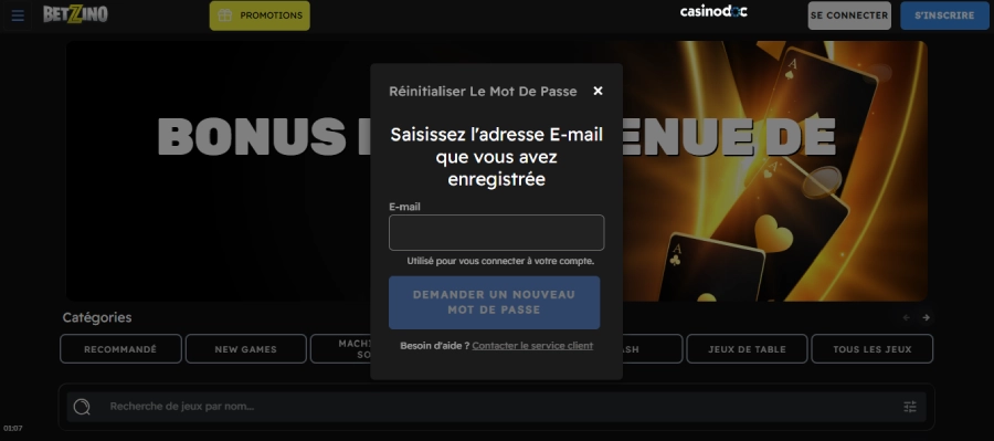 récupération mot de passe sur betzino