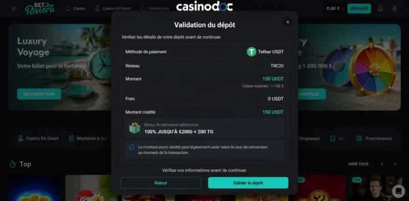 Écran de validation d'un dépôt sur le casino en ligne Betriviera.